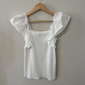 A New Day by Target White Ribbed Top w/ Ruffled Short Sleeves Size S